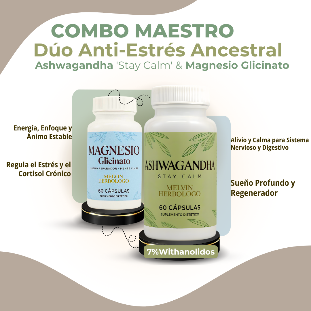 ⚡ COMBO MAESTRO: Dúo Anti-Estrés Ancestral Ashwagandha 'Stay Calm' y Magnesio Glicinato